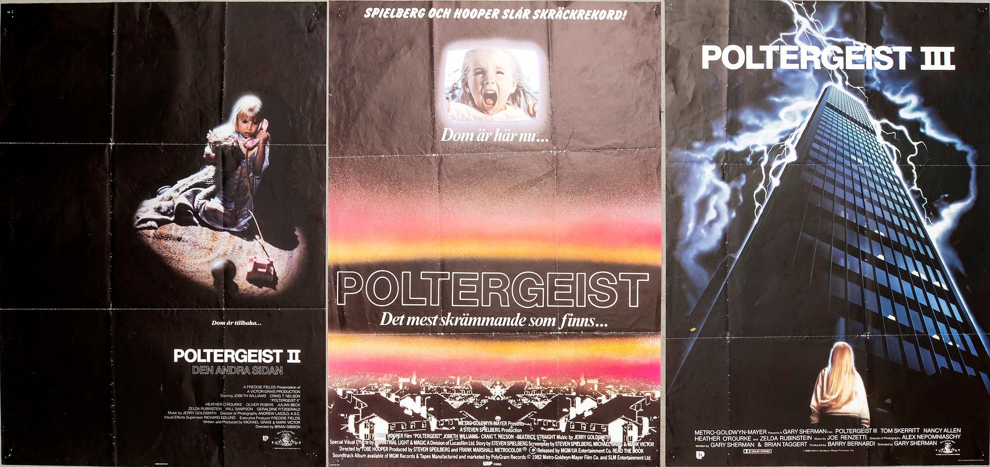 Three Swedish film posters 'Poltrgeist I, II, II'  1982, 1986 and 1988.