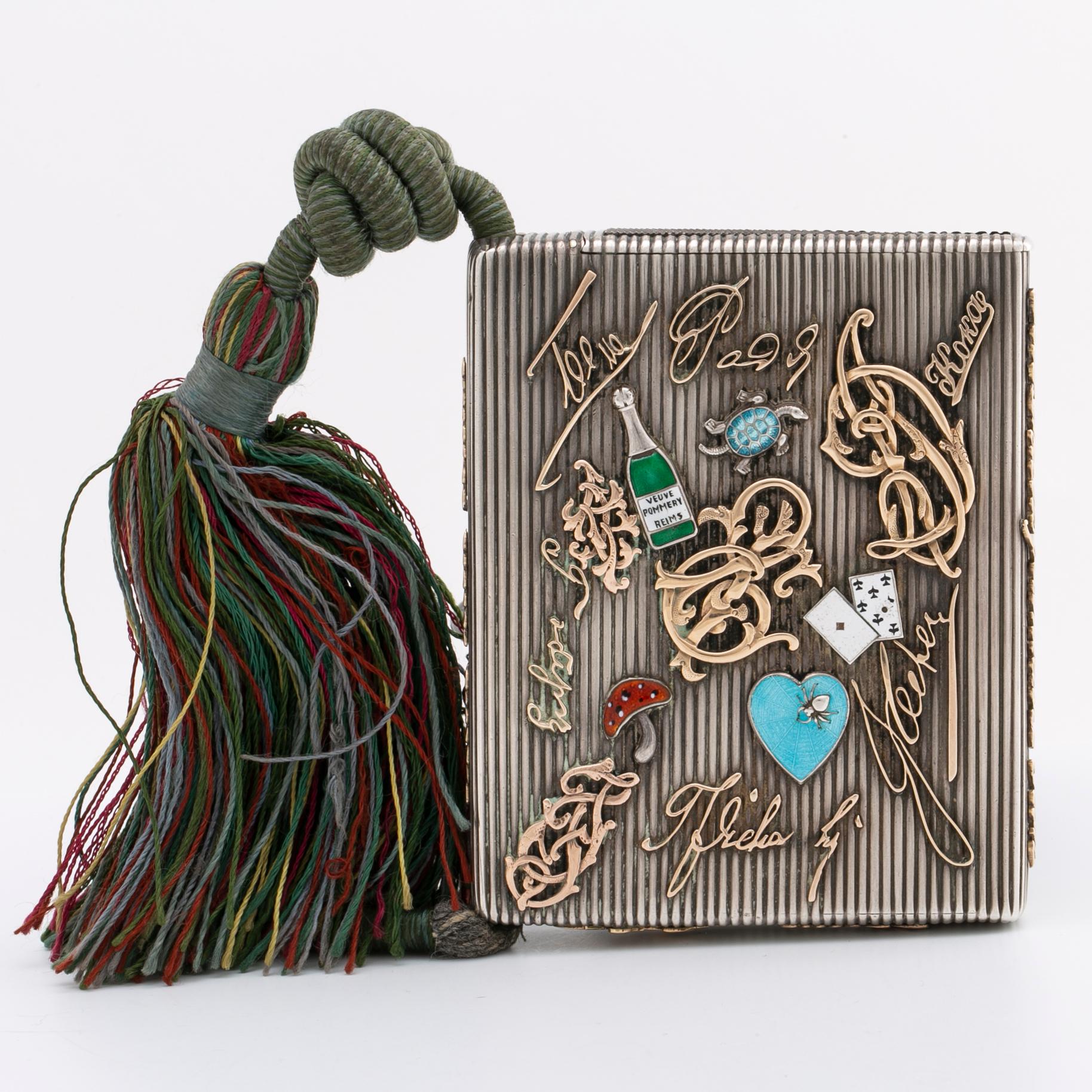 Silver box, gold, enamel, rose-cut diamonds, saphires and rubies (possibly synthetic), silk chord, St Petersburg.