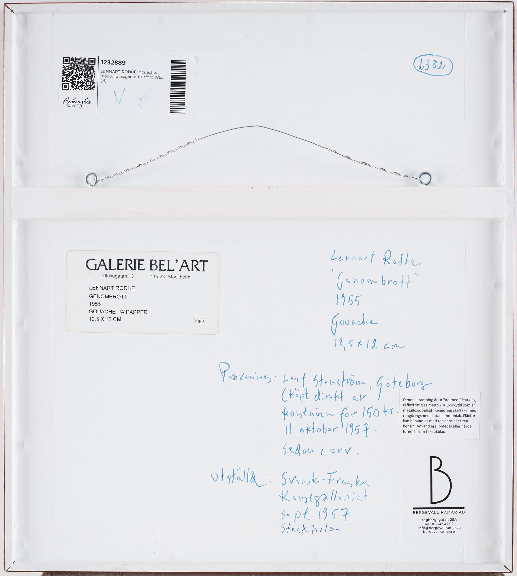 LENNART RODHE, gouache, monogramsignerad, utförd 1955.