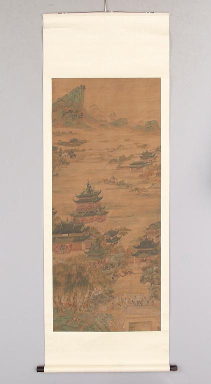 KAKEMONO, akvarell på siden, Japan,  1800-/1900-tal.