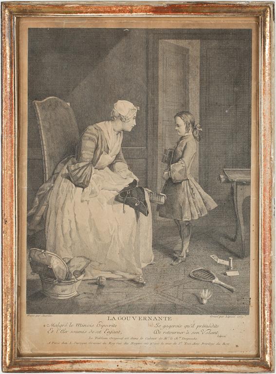 JEAN-BAPTISTE-SIMÈON CHARDIN, efter, ett par gravyrer, 1700-tal.