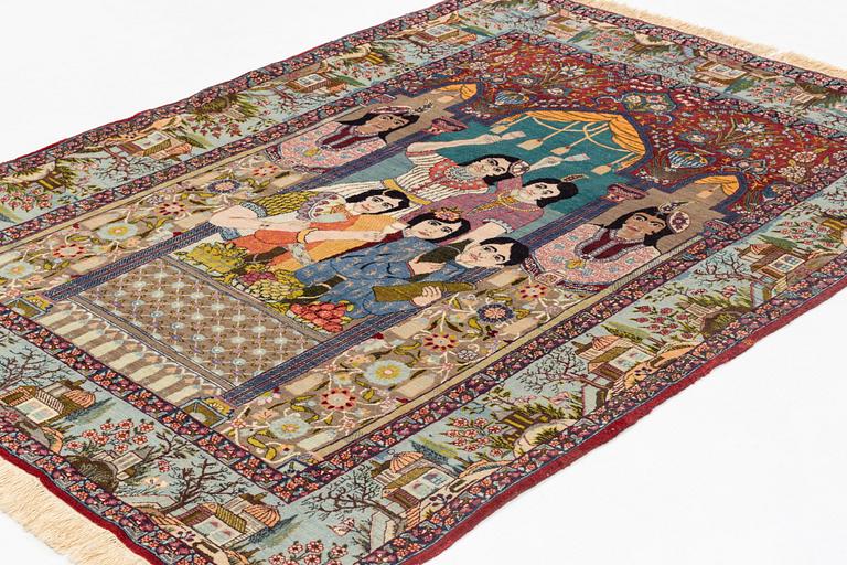 A rug, semi-antique, Tabriz, figural, ca 183 x 137 cm.