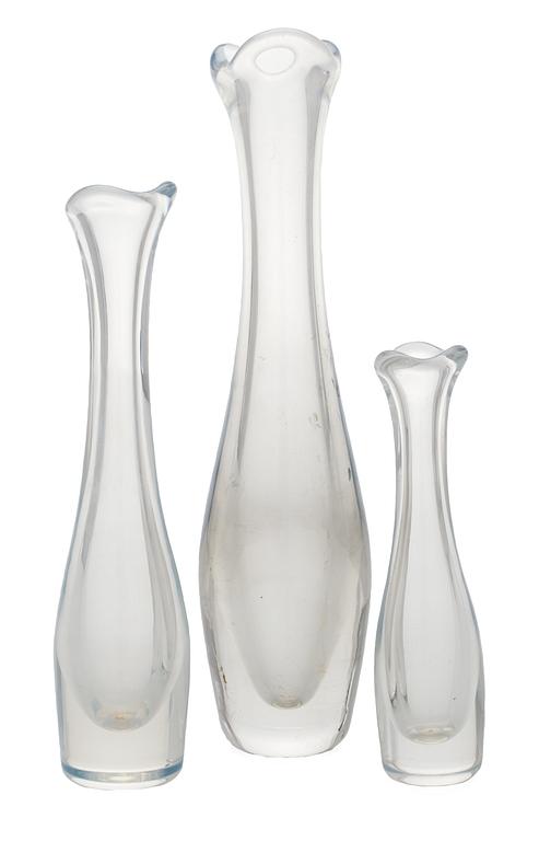 A set of three Sven Palmqvist "Selena" glass vases, Orrefors 1940´s-50´s.