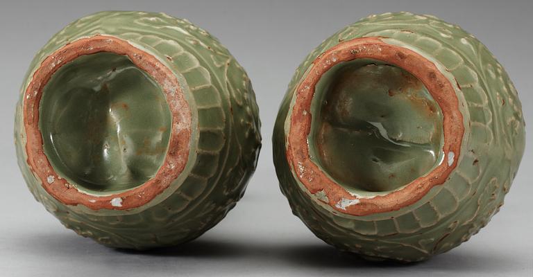 Two celadon glazed longquan vases, Ming dynasty (1368-1644).