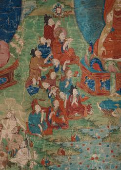 THANGKA. Tibet, troligen 1800-tal. Shakyamuni med lärjeungar och lamor.