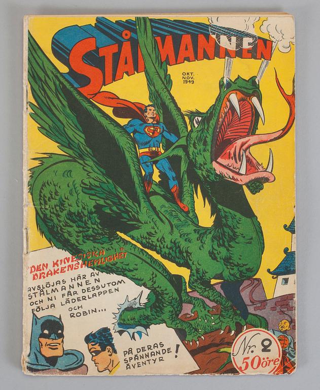 SERIETIDNINGAR, 2 st, Stålmannen, nr 1 resp 2, 1949.