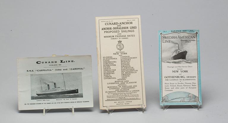 BROSCHYRER, Bland annat Svenska Amerika Linjen, Cunard Line och White Star Line. 1920-tal.