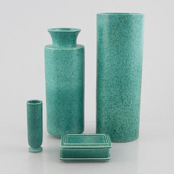 Wilhelm Kåge, three stoneware vases and a box with cover, Gustavsberg.
