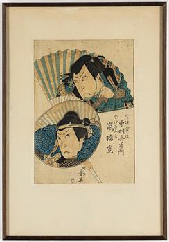 RYUSAI SHIGEHARU (1803-1853), efter, samt UTAGAWA KUNISADA (TOYOKUNI III), färgträsnitt, 2 st, Japan, 1800-tal.