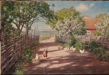 599. Johan Krouthén, Gårdsplan med tupp och hönor.