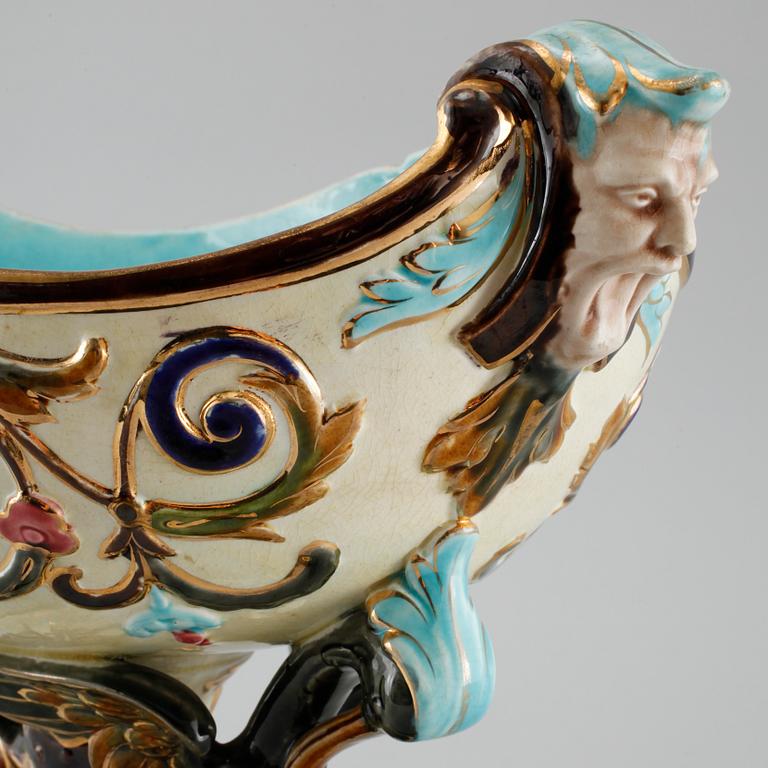 A majolica vase, a flower pot and a jardiniere from Rörstrand, around the year 1900.