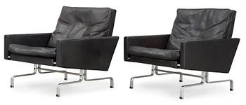 A pair of Poul Kjaerholm 'PK-31' black leather and steel armchairs, E Kold Christensen, Denmark.