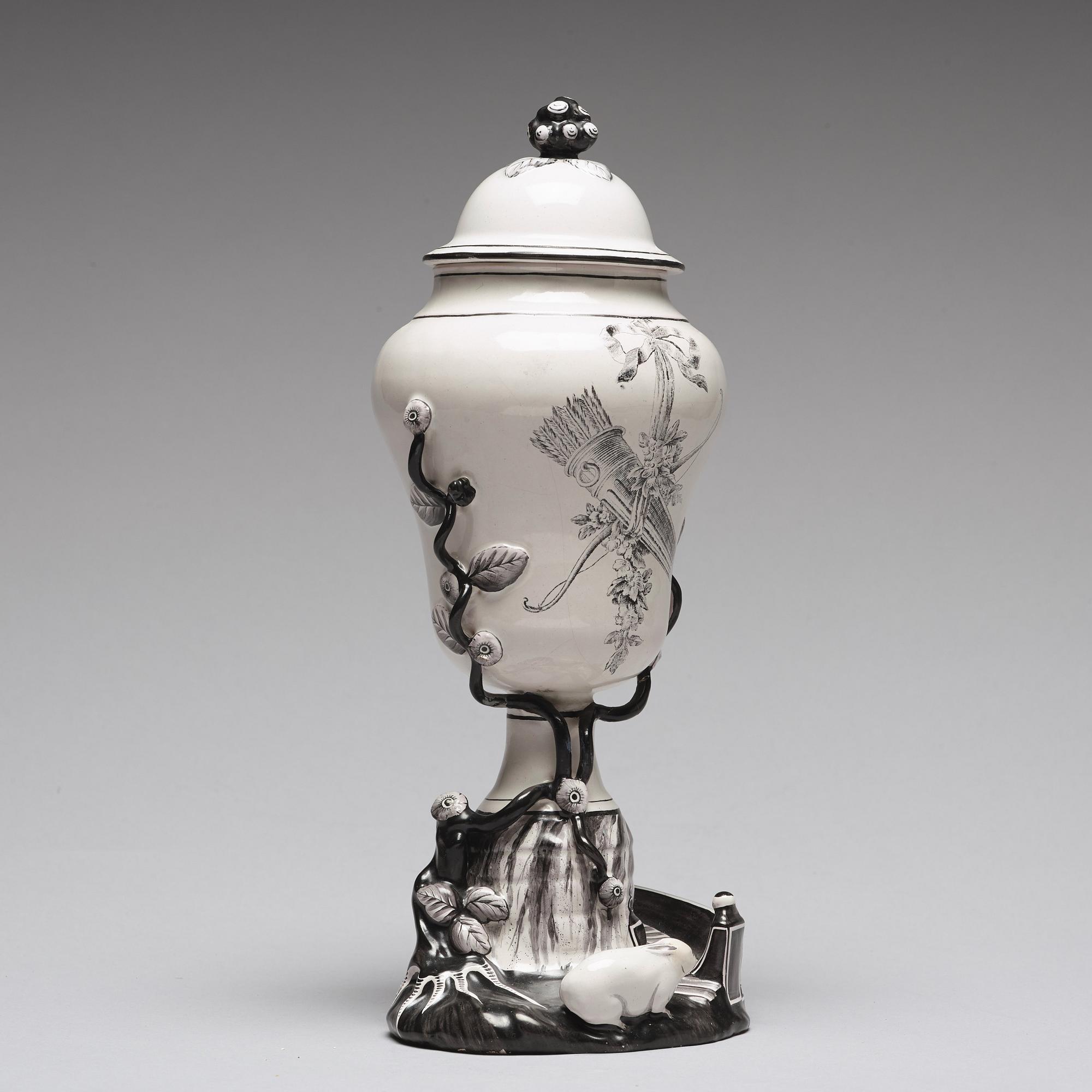 A grisaille Marieberg vase with cover, 18th Century.