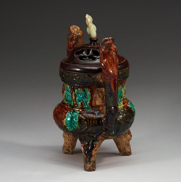 A brown, green and turkoise glazed tripod censer, Ming dynasty.