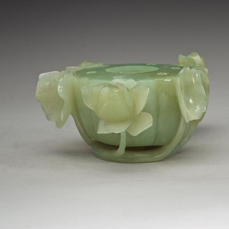 A Chinese lotusshaped serpentine stone brush washer.