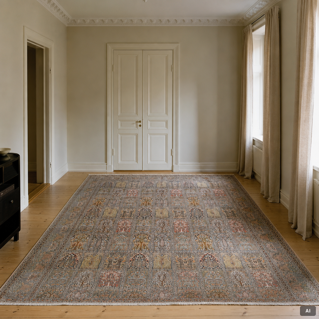 A Kashmir silk carpet, 418 x 297 cm.
