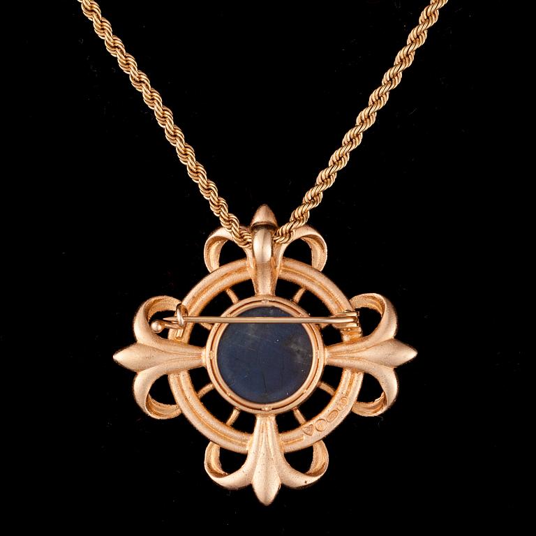 KAULAKORU / RINTAKORU, 14K kultaa, spektroliitti. "Lilja", Kalevala Koru. Paino 18,7 g.