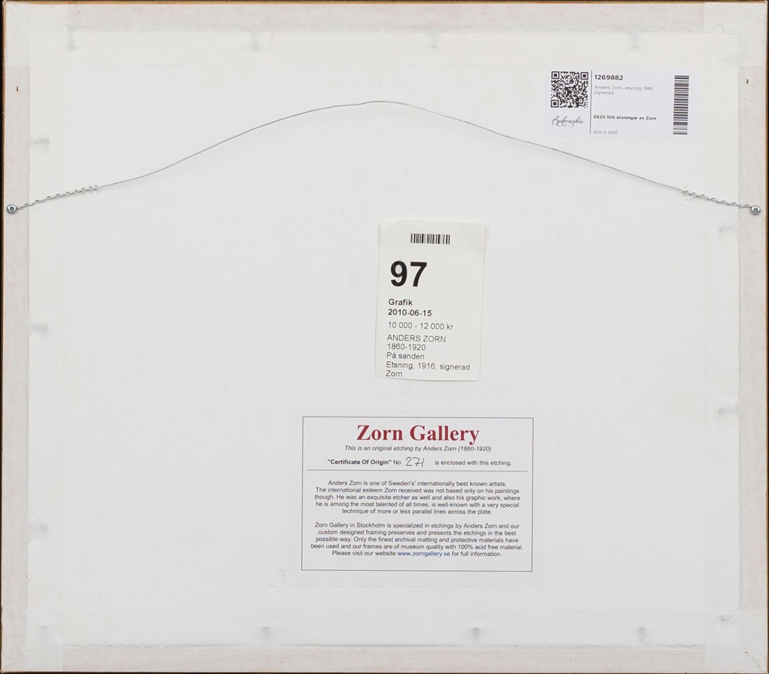 Anders Zorn, etsning, 1916, signerad.