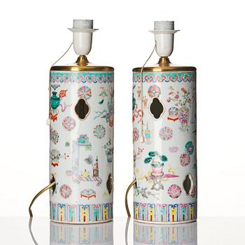 A pair of Chinese famille rose lanterns/hatstands mounted as lamps, Qing dynasty, 19th Century.