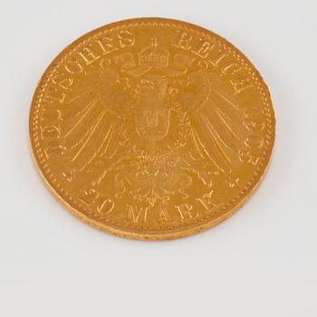 GULDMYNT, 20 mark, Tyskland, 1905, vikt 8 g.