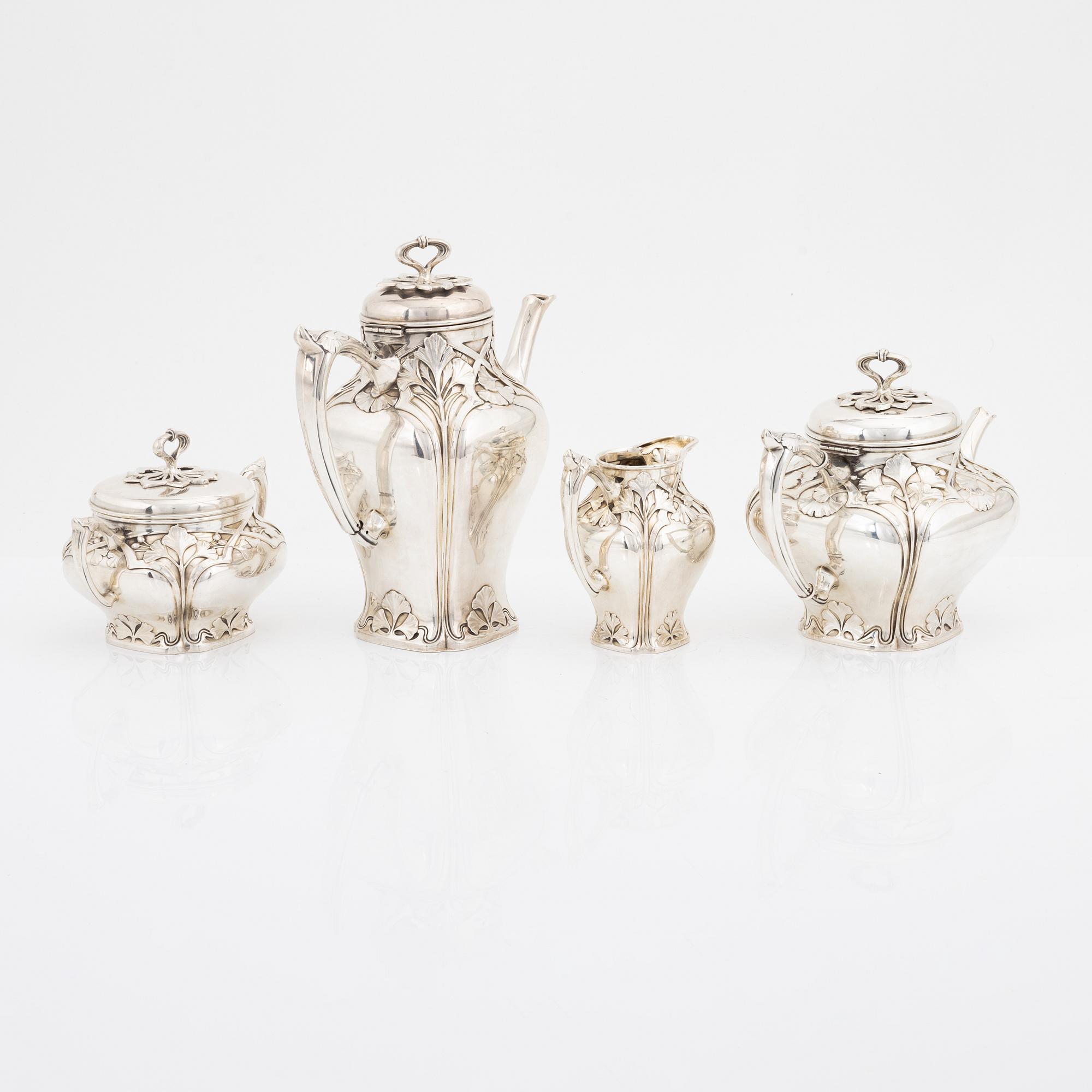 Carl Fredrik Carlman, kaffeservis, 4 delar, silver, jugend, Stockholm, 1907.