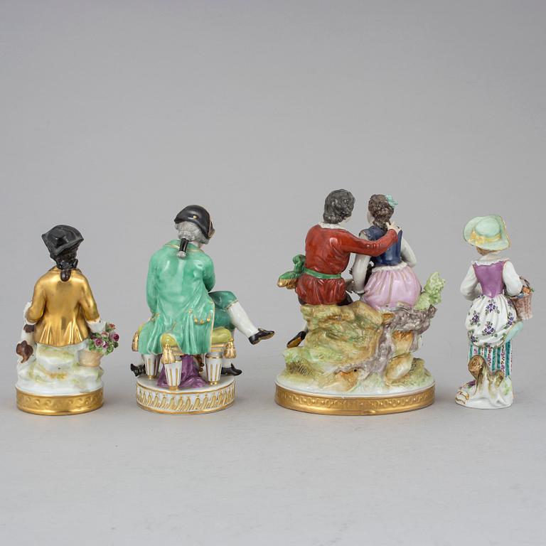 FIGURINER, 4 stycken, porslin, Meissen och Rudolstadt Volkstedt, 1800-tal.