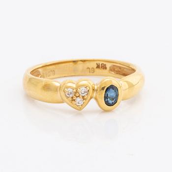 Pendant and ring, 18K gold with 2 sapphires and brilliant-cut diamonds 0,045 ct inscribed, chain gilded silver.