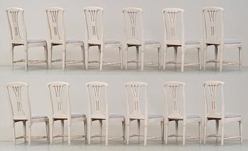 Twelve matched Gustavian late 18th century chairs.