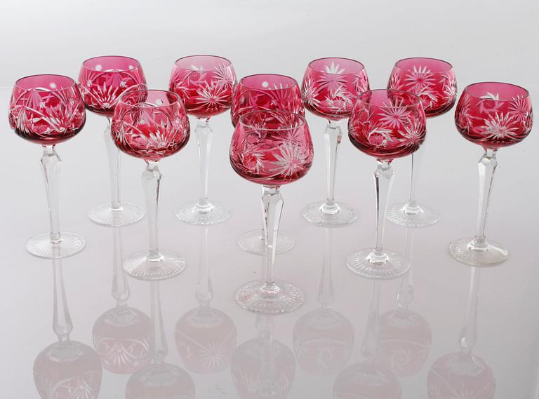 Ten bohemian style wine glasses, 20th century.