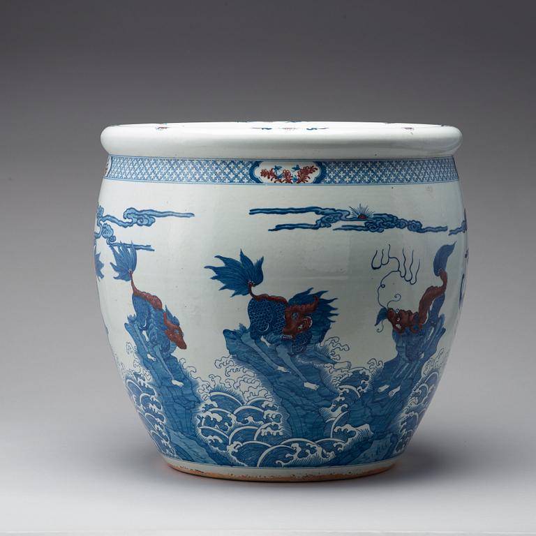 A pair of massive blue and white and iron red basins, China, 20th Century.