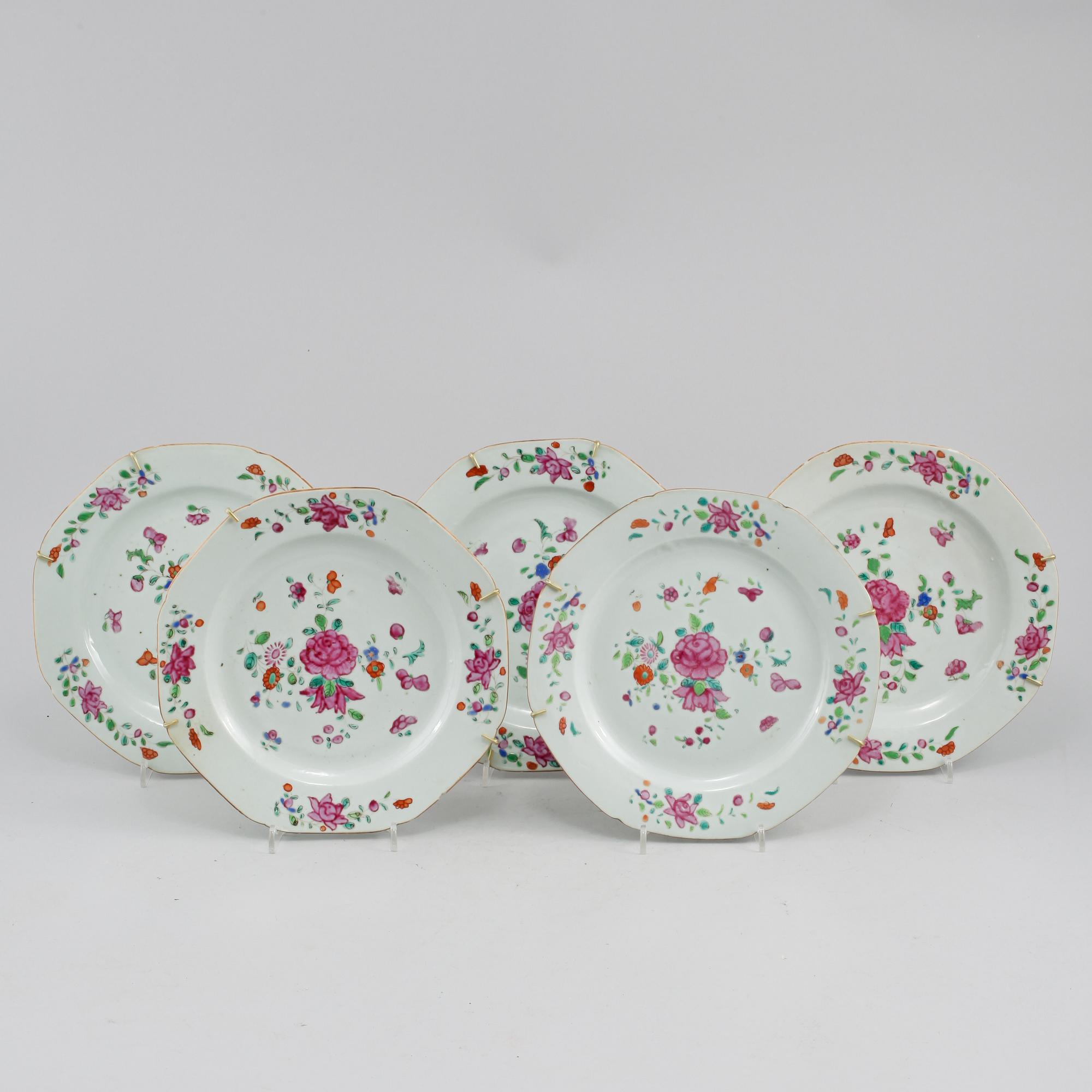 TALLRIKAR, 5 st, porslin, Kina, 1700-tal.