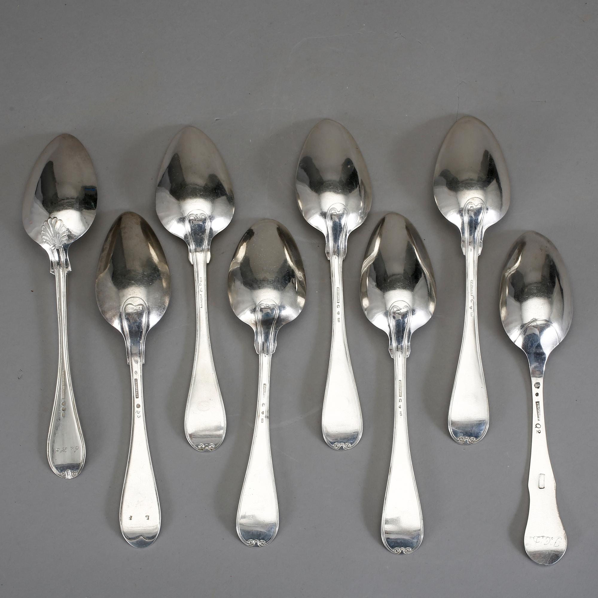 MATSKEDAR, 8 st silver, bland annat Nils Tornberg, Linköping 1798. Övriga 7 från 1800-tal. Vikt ca 400 g.
