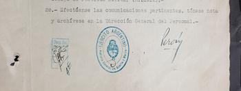 JUAN PERÓN (1895-1974), dokument med namnteckning, dat Buenos Aires 5 april 1944.