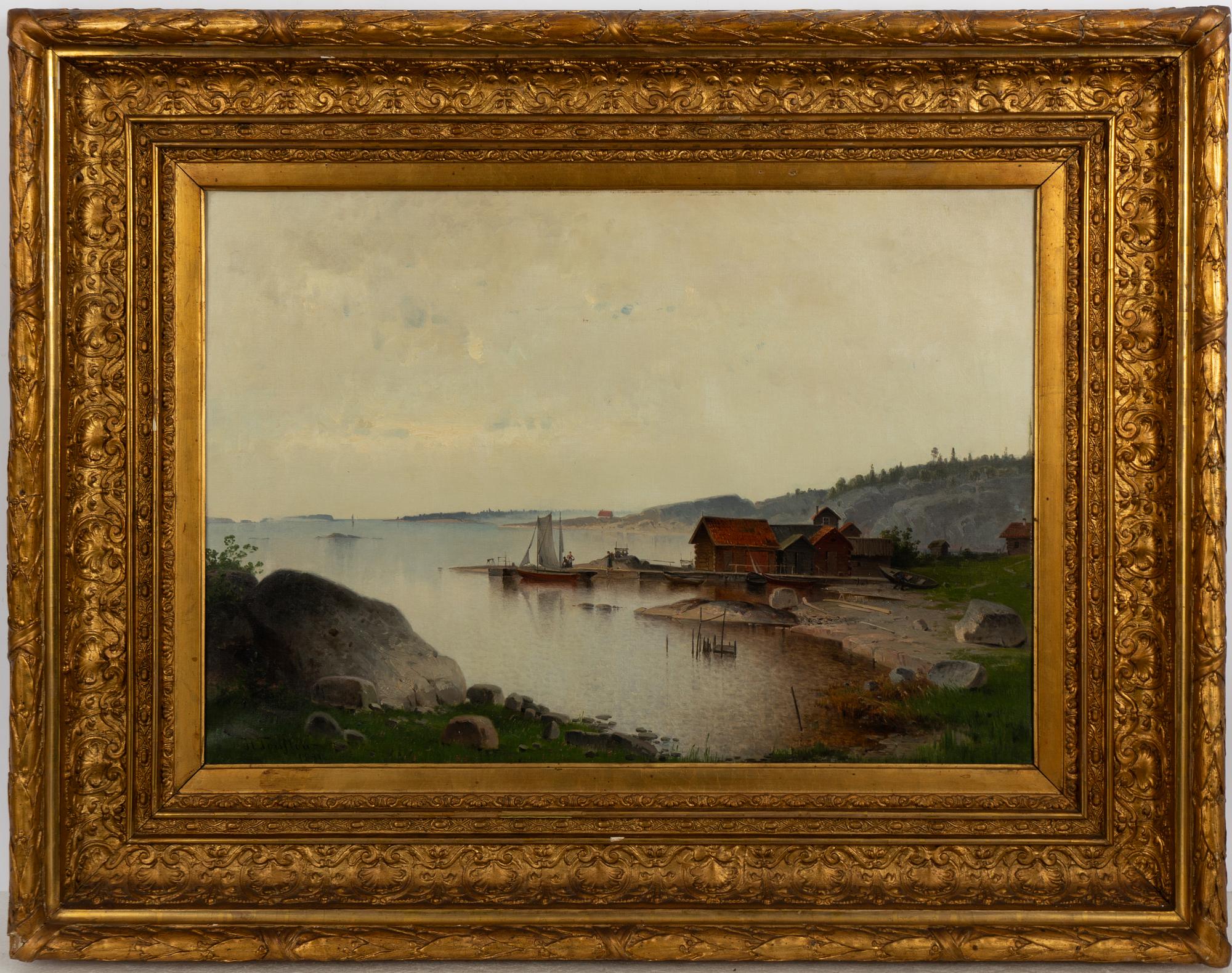 Harald Torsslow, Coastal Landscape with Figures by a Fishing Village.