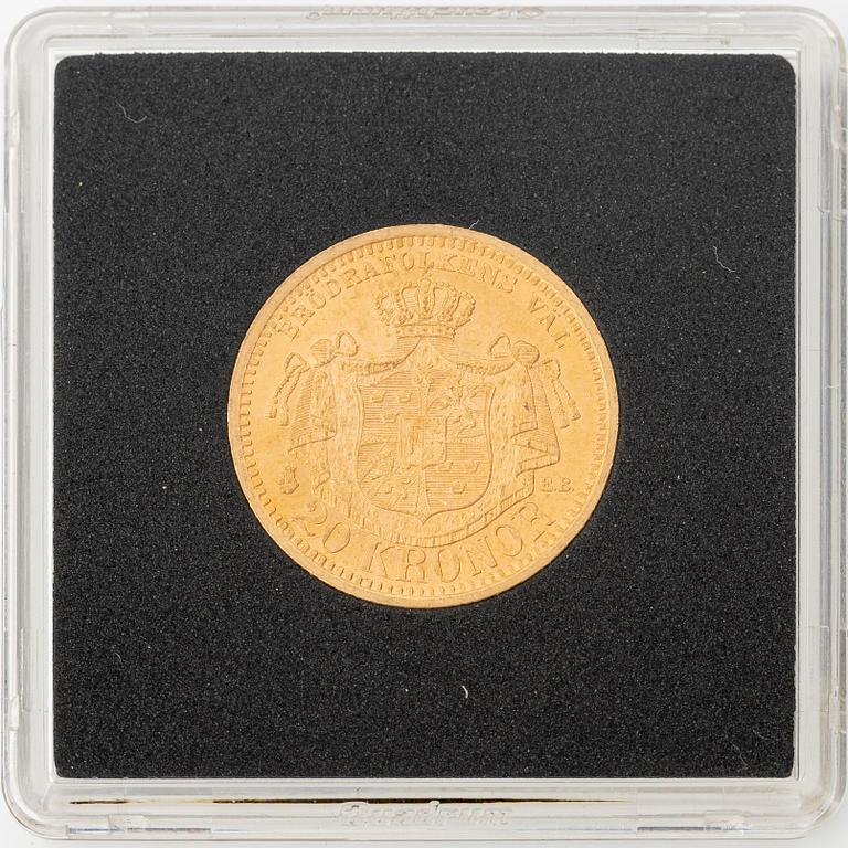 Guldmynt, Oscar II, 20 kronor, typ III, Sverige 1899.