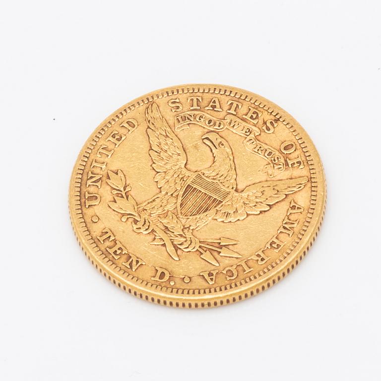 A 10 dollars Liberty Head gold coin from USA, 1881.