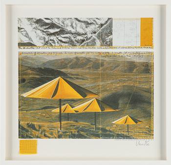 Christo & Jeanne-Claude, färgoffset med tygapplikation, diptyk, 1991, signerade.