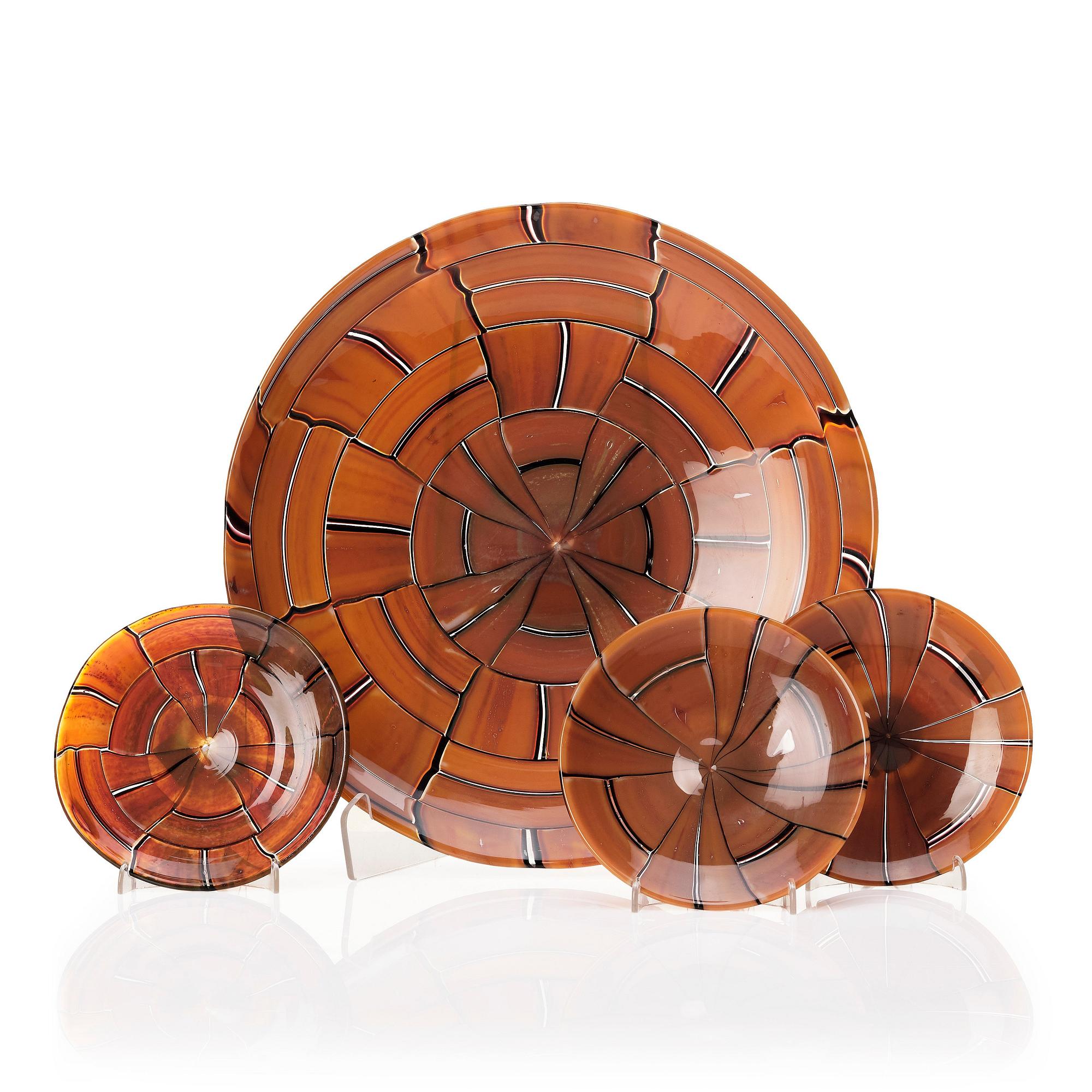 Ercole Barovier, a 'Tessere ambra' dish and three plates, Barovier & Toso Murano Italy 1950-1960s.