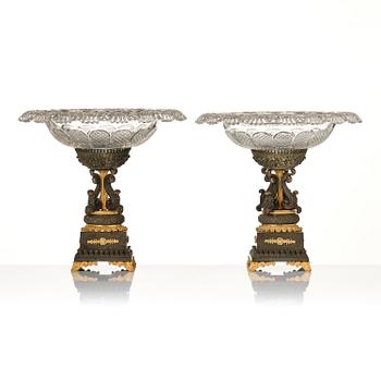 A pair of French late Empire ormolu, patinated bronze and cut glass tazze, first part 19th century.