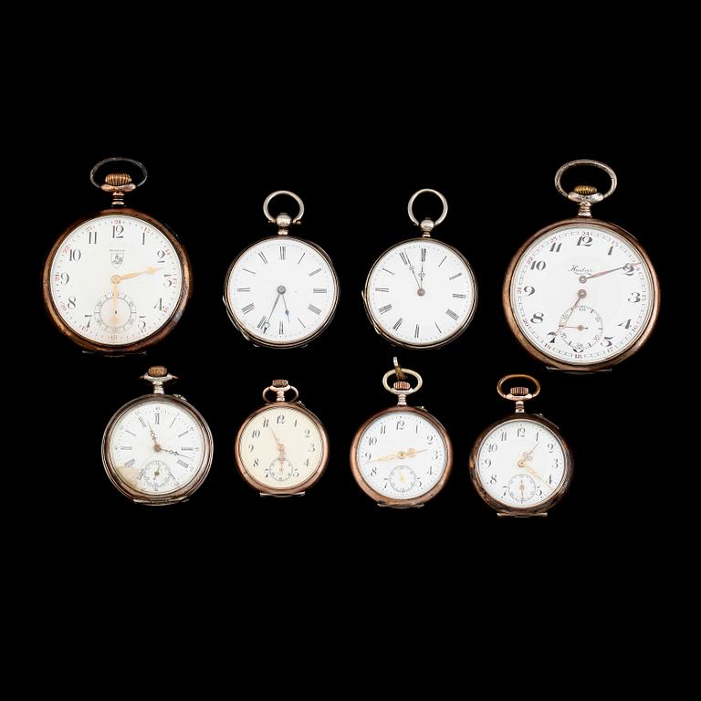 FICKUR, 8 st, varav 6 damur, silver och vitmetall, 1900-talets första hälft.
