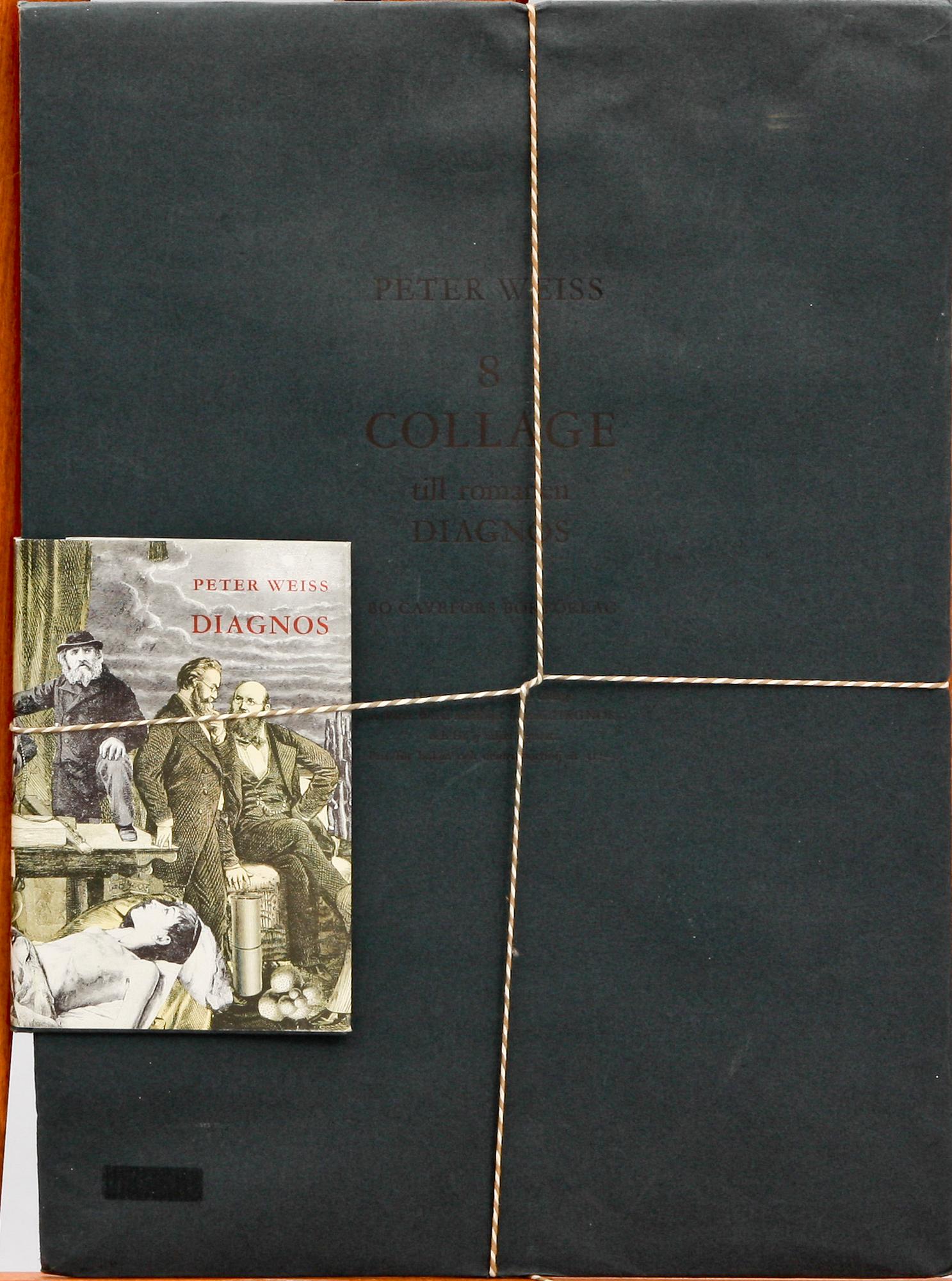 PETER WEISS, mapp med bok.
Mappen märkt "Peter Weiss 8 Collage till romanen Diagnos Bo Cavefors Bokförlag".