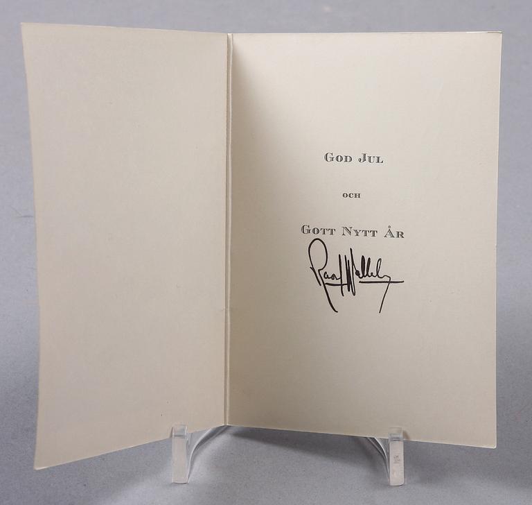 JULKORT SAMT VISITKORT/CHRISTMAS CARD AND BUSINESS CARD, med Raoul Wallenbergs autograf.