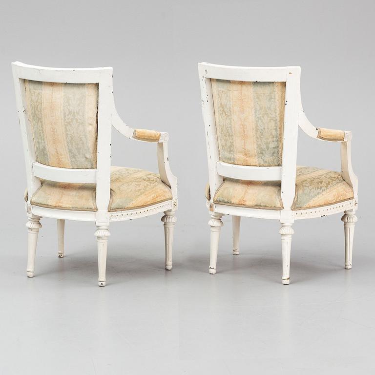 A pair of Gustavian armchairs by  Ephraim Ståhl (master in Stockholm 1794-1820), late 18th century.