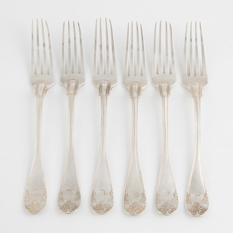 Forks, 6 pcs, silver, Gustaf Theodor Folcker (1835-1877), Stockholm 1844-1845.