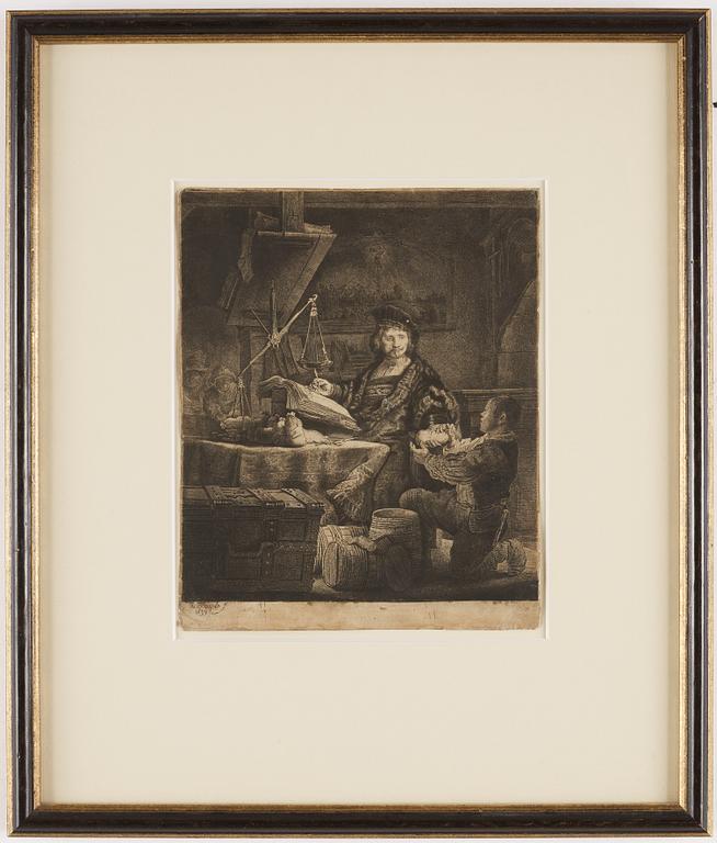 REMBRANDT HARMENSZ VAN RIJN, "The Goldweigher", etching and drypoint, signed in print etat III av IV "Rembrandt 1639".