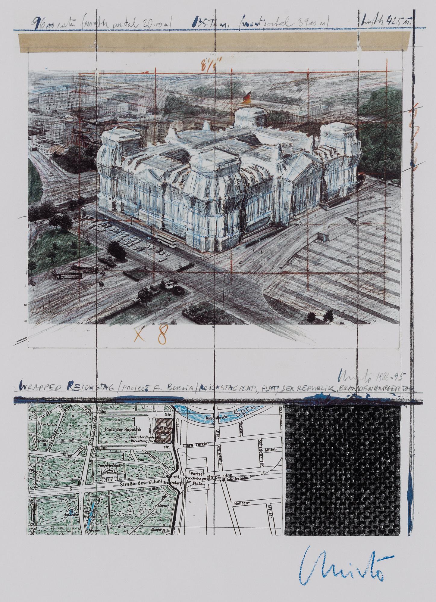 CHRISTO & JEANNE-CLAUDE, Offset print with fabric, signed in blue chalk.