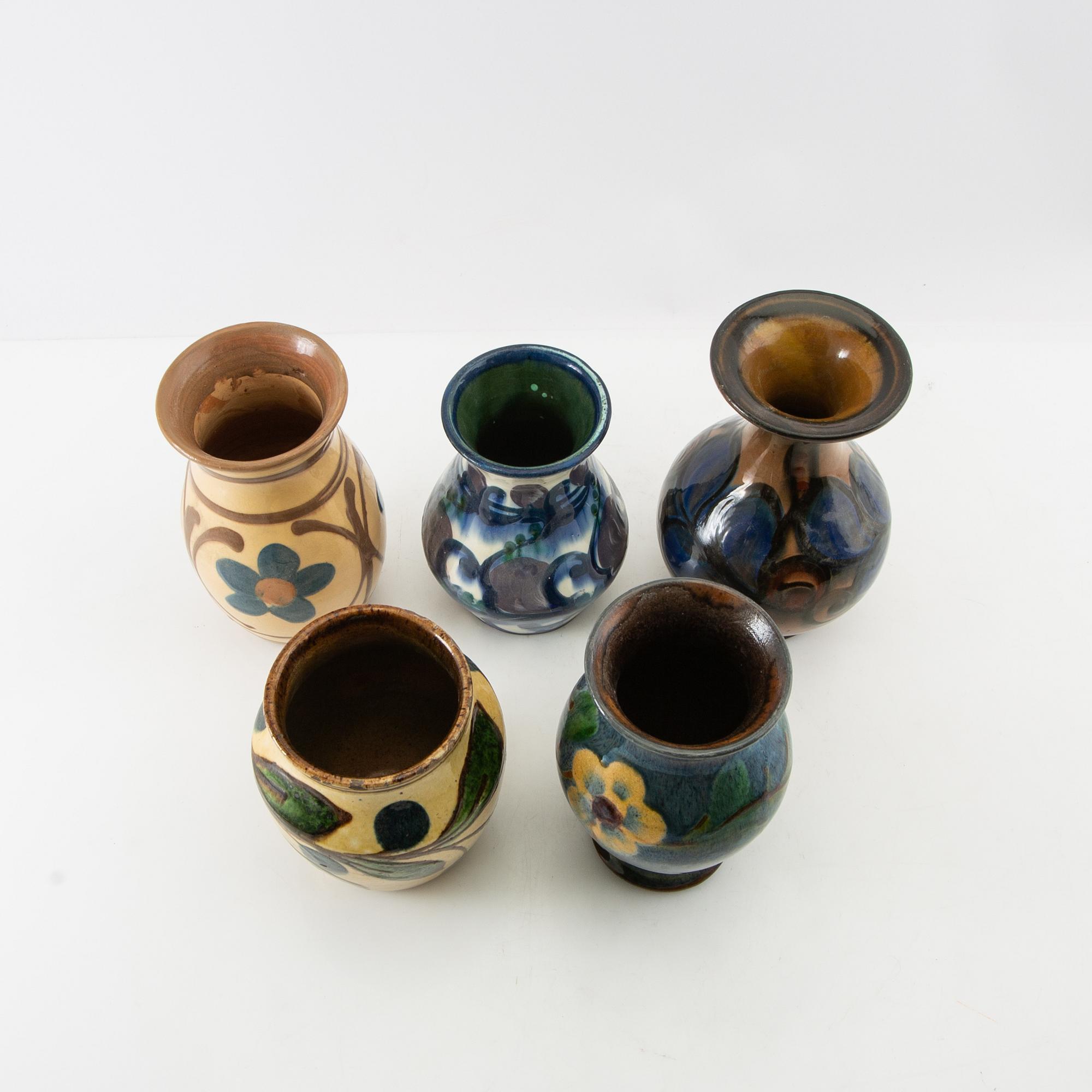 Vases 5 pcs blue Annashaab stoneware factory Denmark early 20th century glazed earthenware.