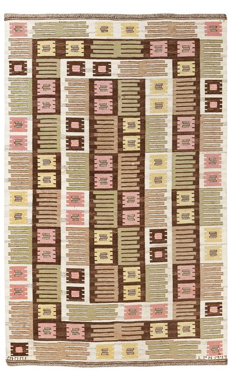 CARPET. "Nyponblomman". Flat weave. 266 x 170,5 cm. Signed AB MMF LPN 1947.