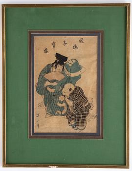 Eizan Kikugawa, after, and Utagawa Kunisada, two coloured woodblock prints, Japan, 19th century.