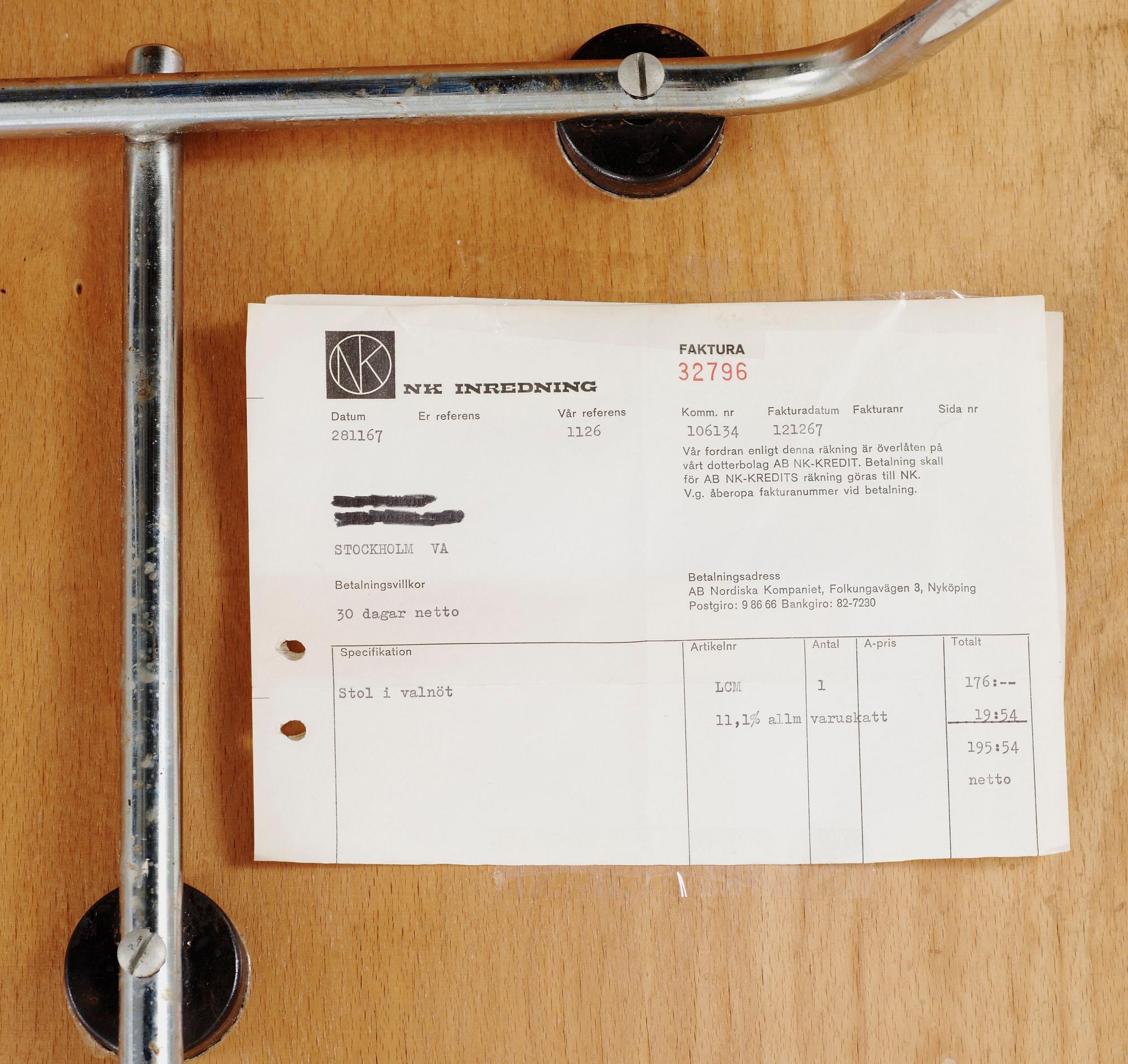 STOL, Charles Eames, kvitto undertill från NK 1967.